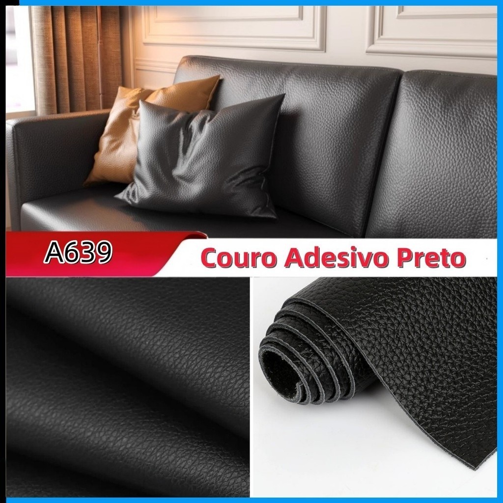Adesivo de Couro Sintético Preto Autoadesivo Impermeável Removível para Assento de Carro Sofá Móveis