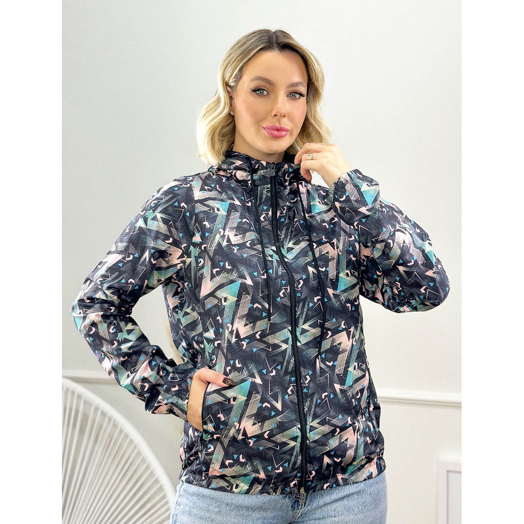 Jaqueta Corta Vento Feminina Estampada Lufran Forrada com Capuz Impermeável Leve Tamanhos P ao EG