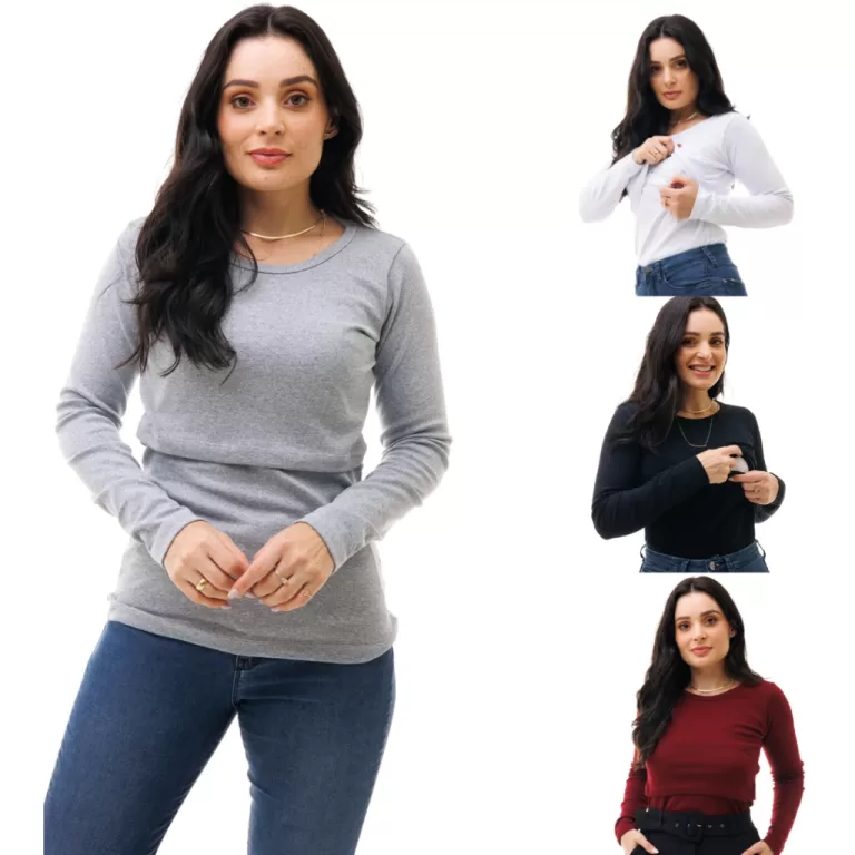Kit com 4 Blusas de Manga Longa com Abertura Para 