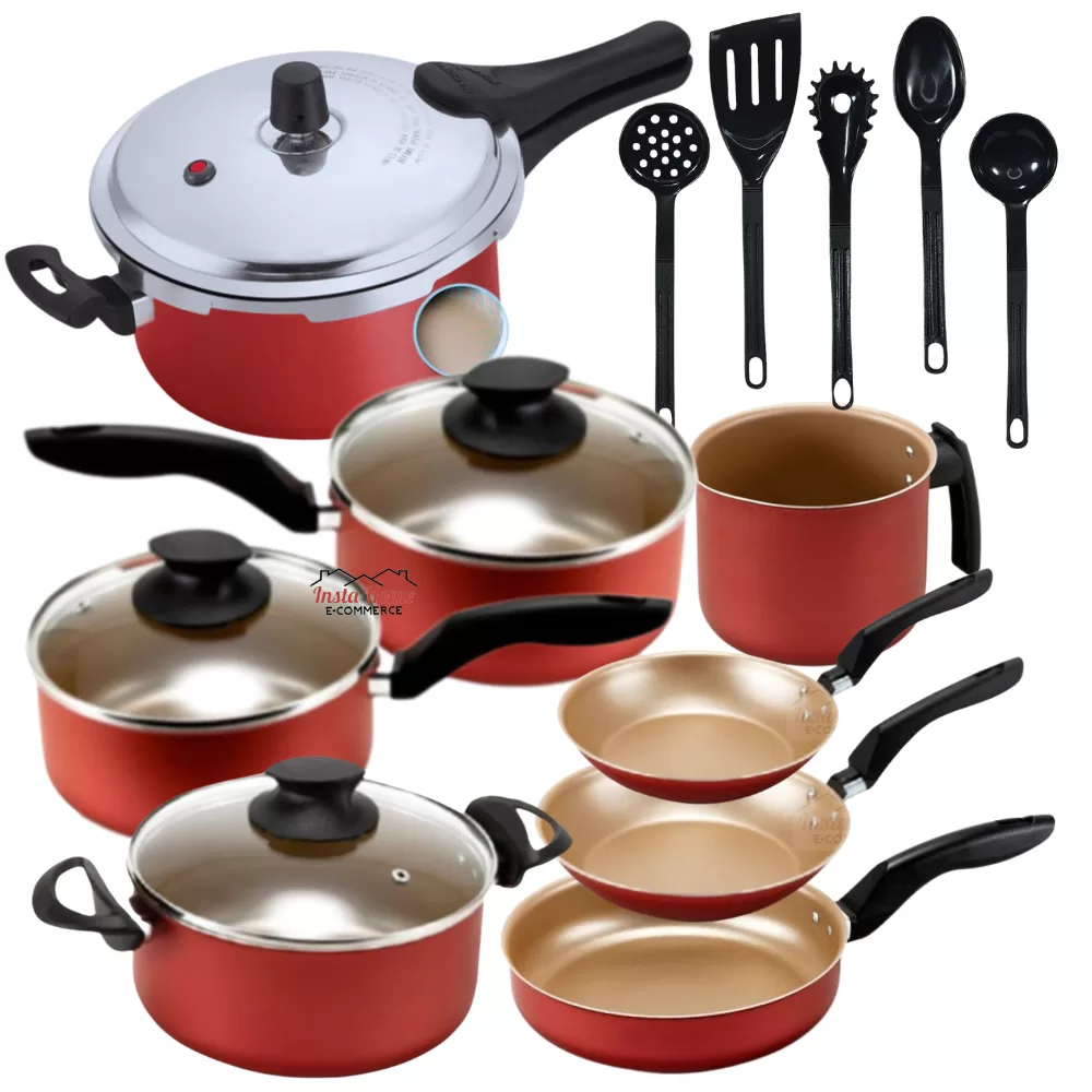 jogo de Panelas 13 Peças Com panela de Pressão Fechamento Externo Antiaderente Teflon