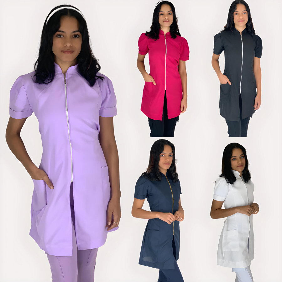 Jaleco Feminino Manga Curta Oxford Acinturado Gola Padre Com Zíper Dourado