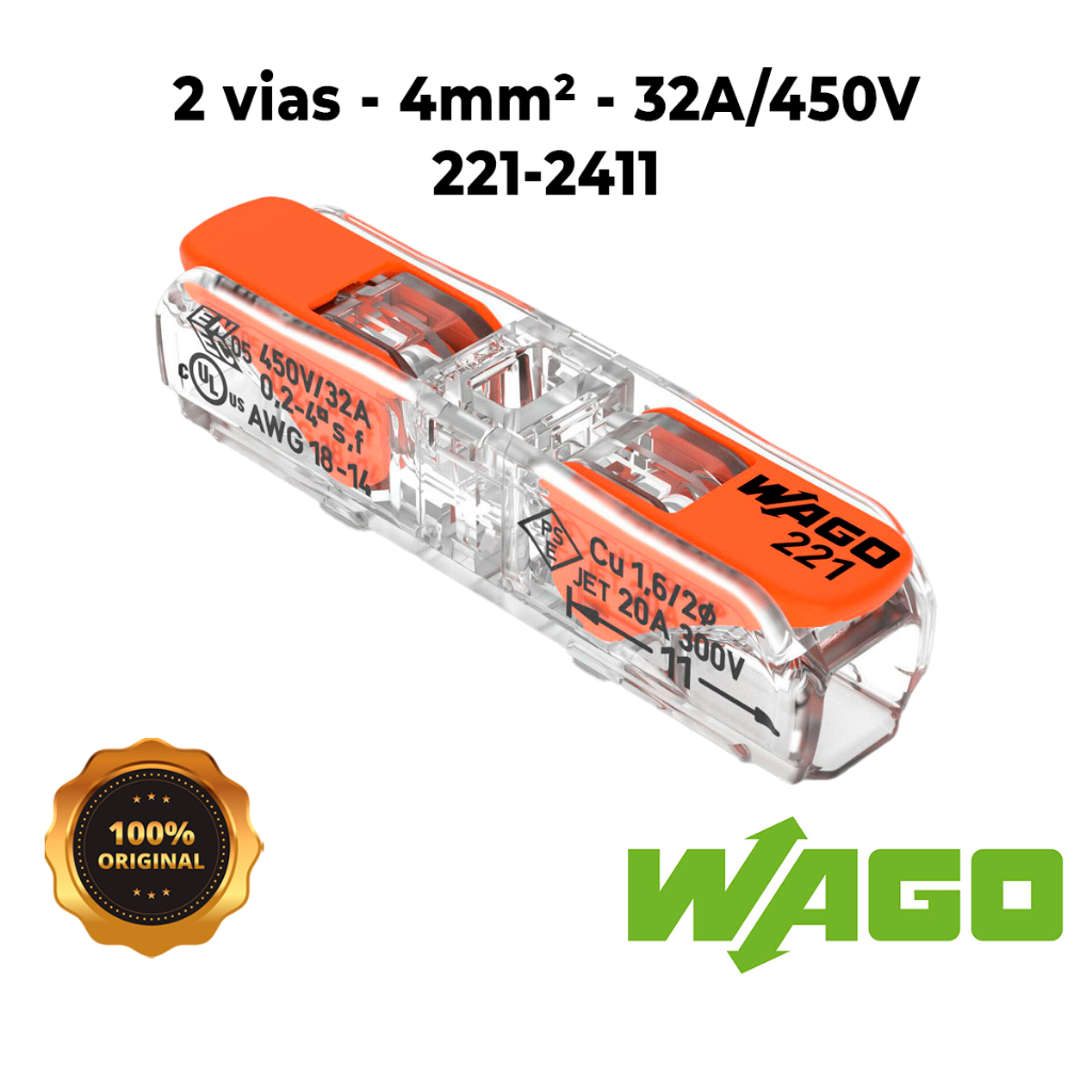 Conector de Fio Elétrico Wago 221-2411 Emenda 4mm² conexão automática Kits 3, 5, 6, 10, 12 e 15 pc