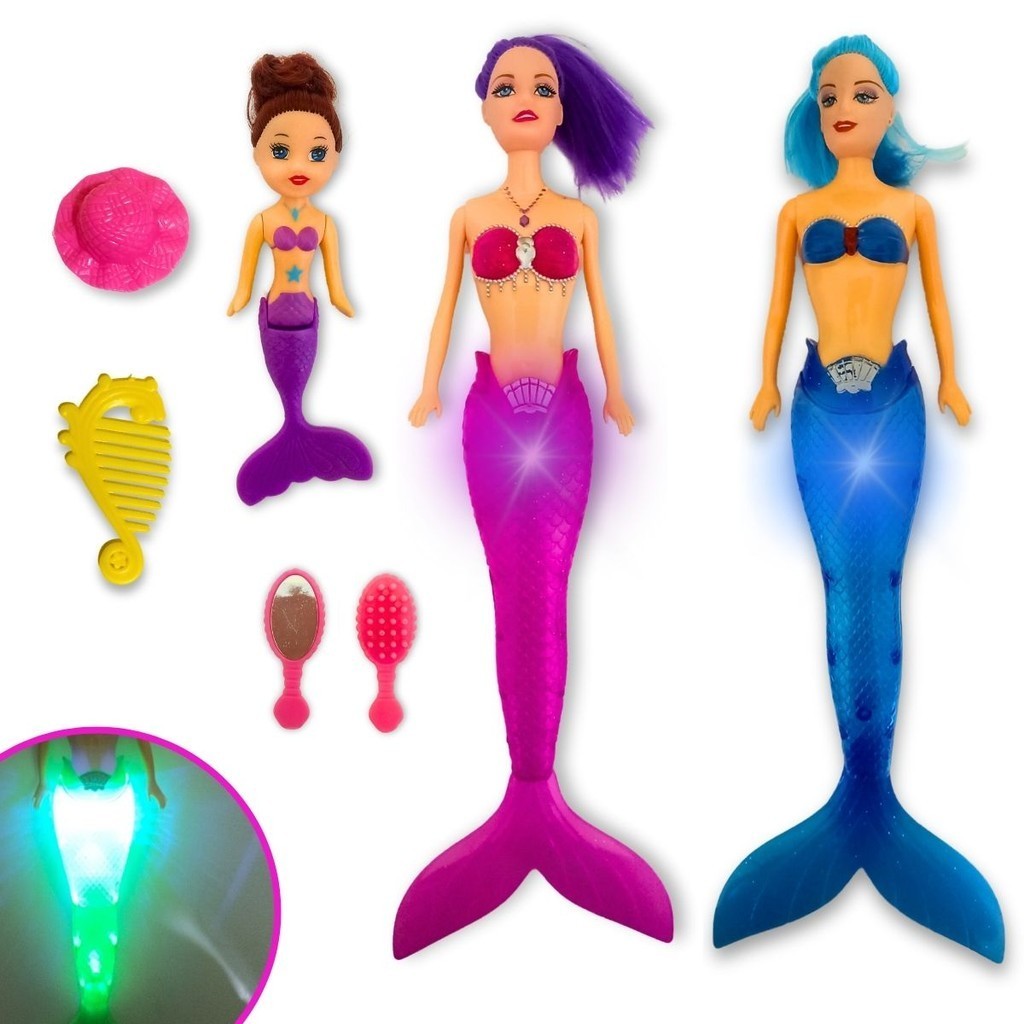 Boneca Princesa Sereia E Filha Calda Mexe Com Luz Acessórios