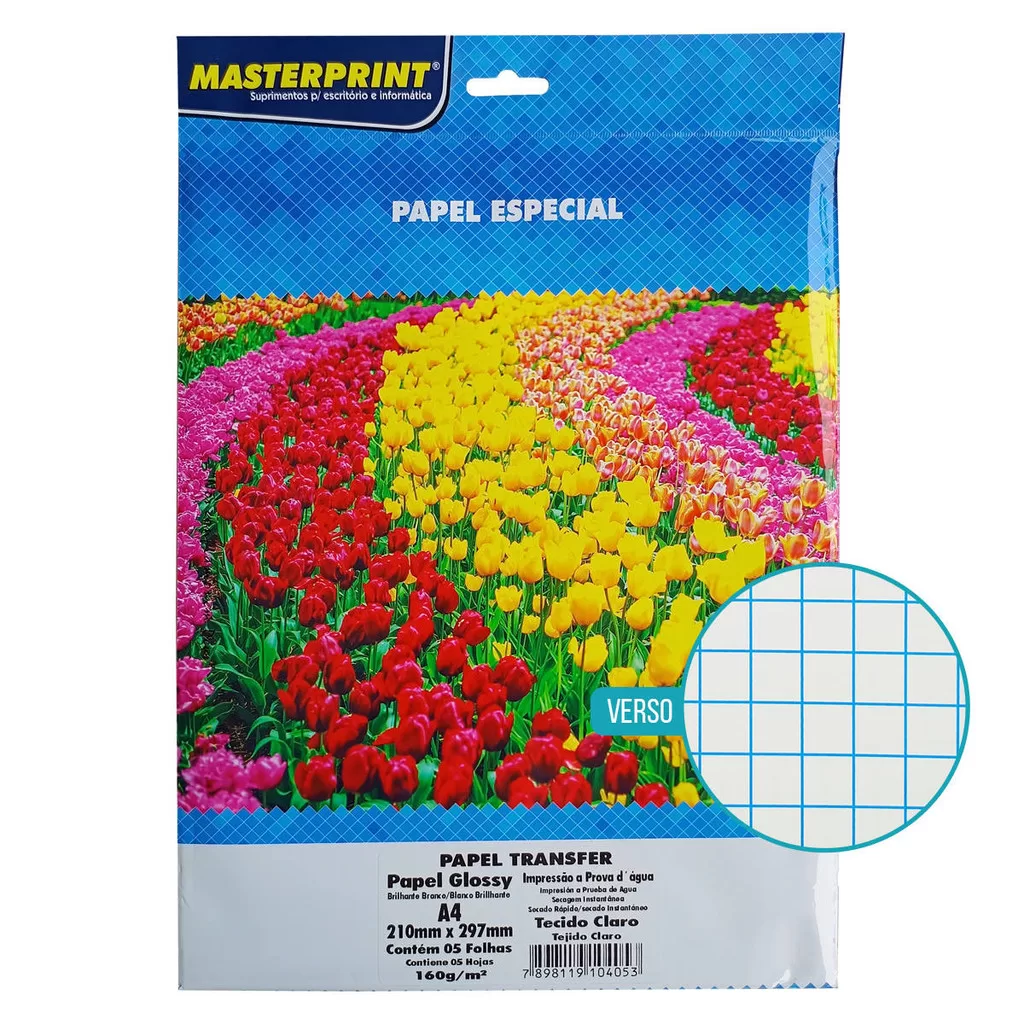 Papel Transfer para Tecido Claro 160g A4 Light para Jato de Tinta Pacote com 5 folhas Masterprint