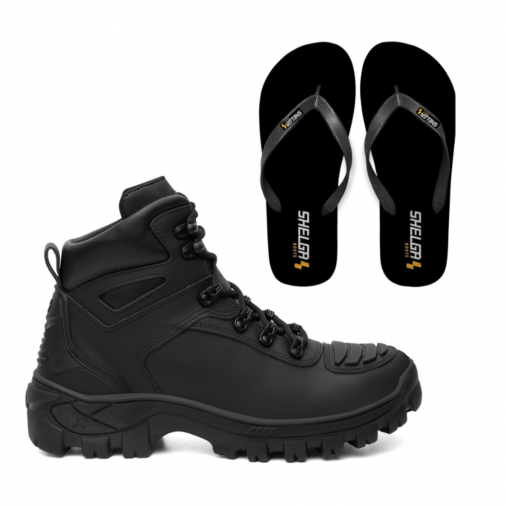 BOTA MILITAR TÁTICA COURO NOBRE PALMILHA EM GEL SHELGA BOOTS + CHINELO