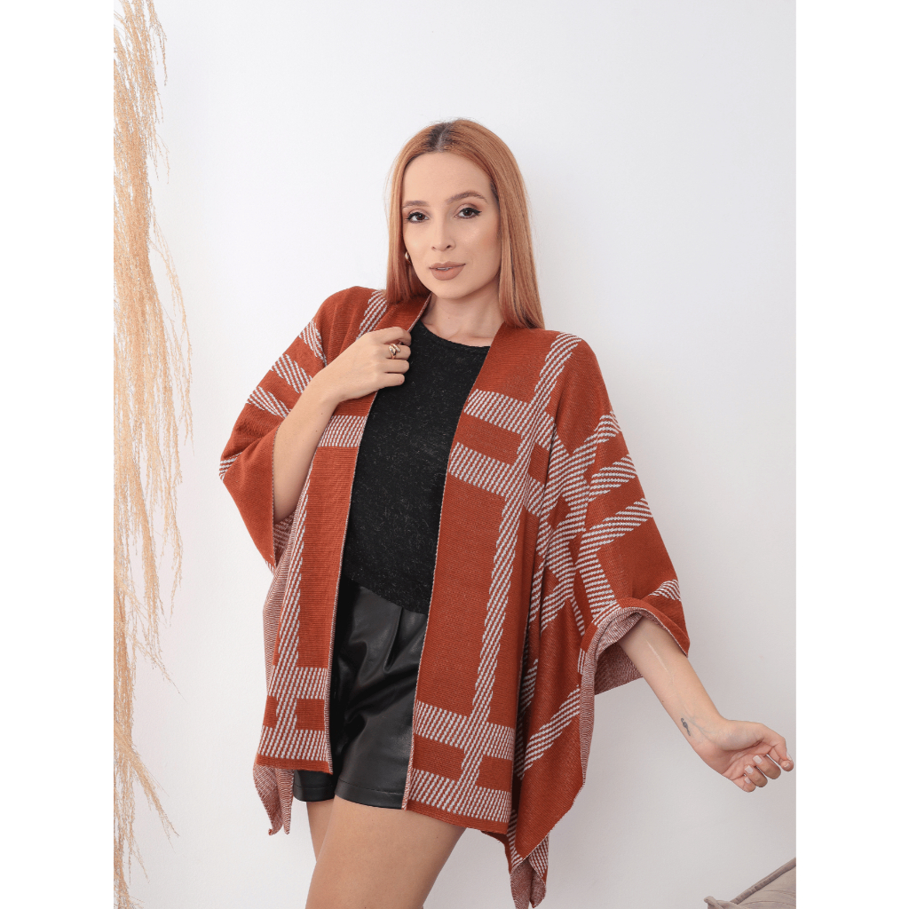 Capa Poncho Feminino De Frio Inverno Tricot Amplo Xadrez Manga Longa Morcego Manda