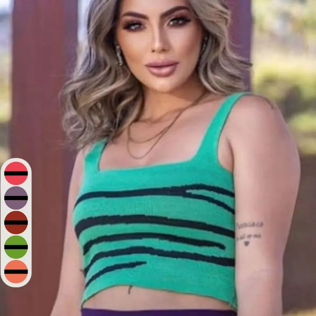 Cropped Tricô Modal Feminino Zebra Animal Print Decote Quadrado Estilo Moderno