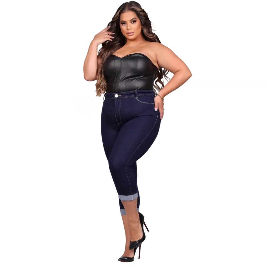 Calça Capri Jeans Feminina Plus Size Cintura Alta Levanta Bumbum Modeladora Conforto Moda Casual