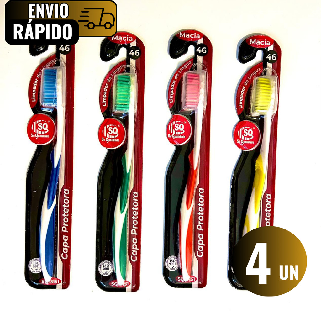 Conjunto 4 Escovas De Dentes Com Limpador De Lingua 46 Cerdas Macia Capa Protetora Alta Qualidade