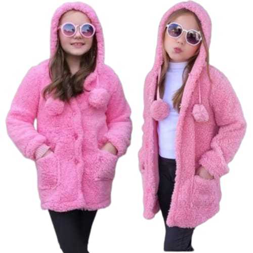 Casaco Infantil Menina Teddy com Capuz e Pompons  