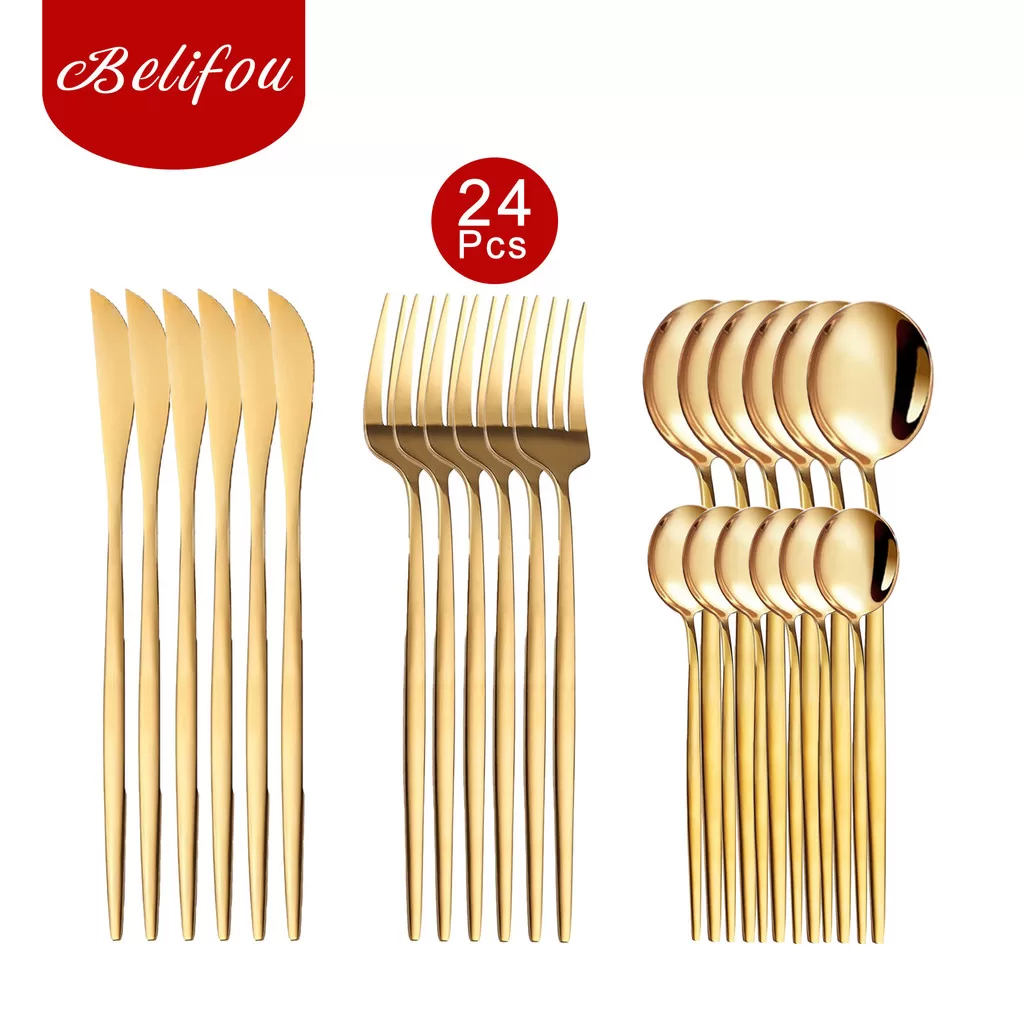 Belifou Kit 24/48 Natal Jogo De Talheres Aço Inoxidável Dourados Conjunto de tabela