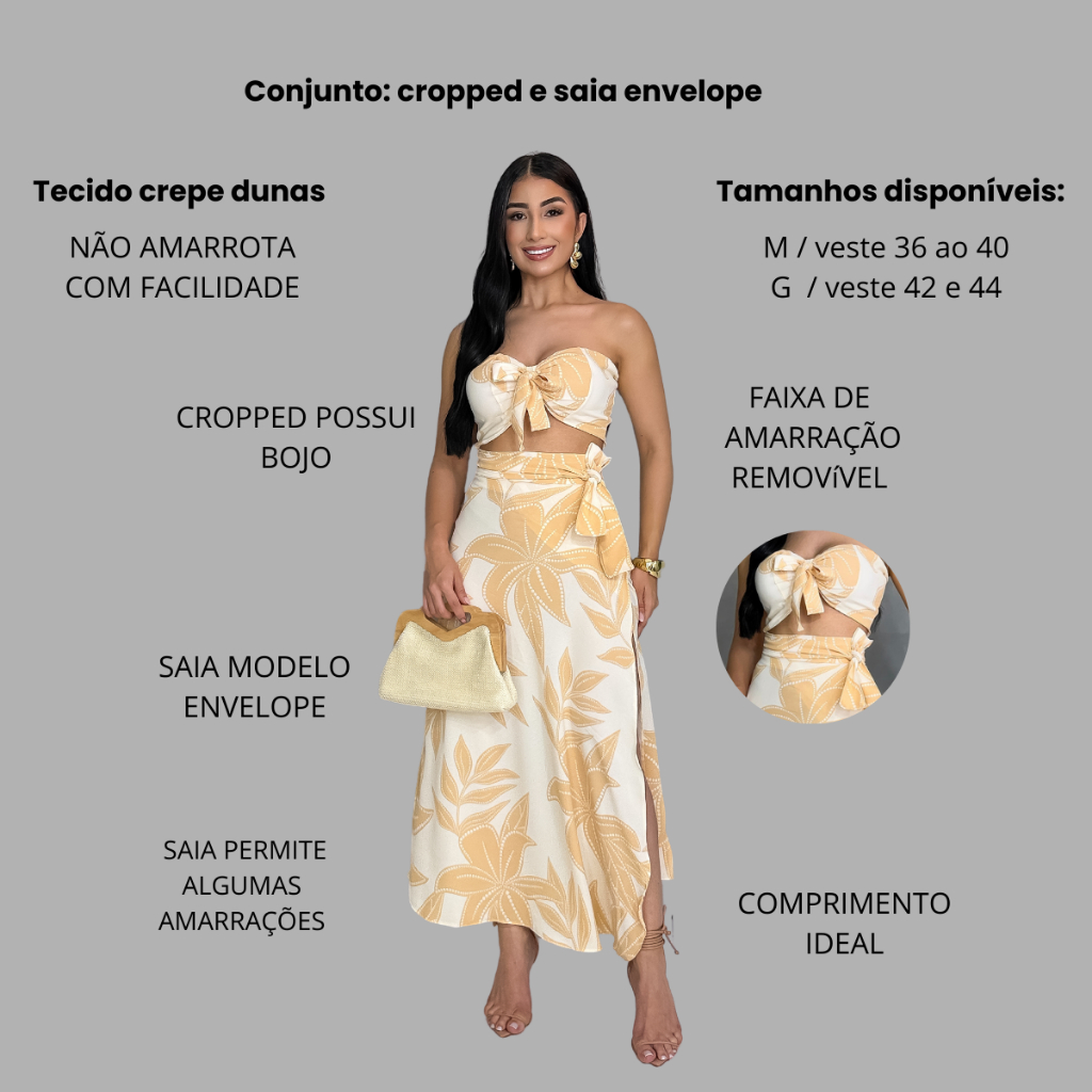 Conjunto Cropped Feminino Saia Envelope Fenda Midi