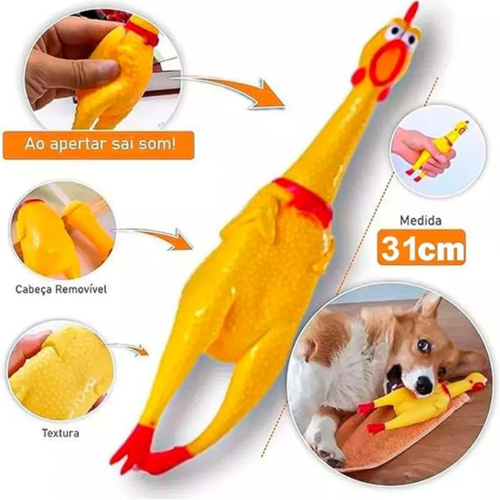Galinha Pet Plástico para Cães 31cm Brinquedo Sonoro, Engraçado, Divertida, Barulhenta e Resistente