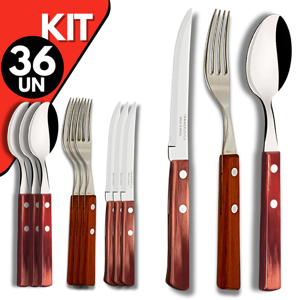 Kit 36 Talheres Premium, Garfos ,Facas e Colher Cabo de Madeira Inox para Churrasco, Bar, Restaurant