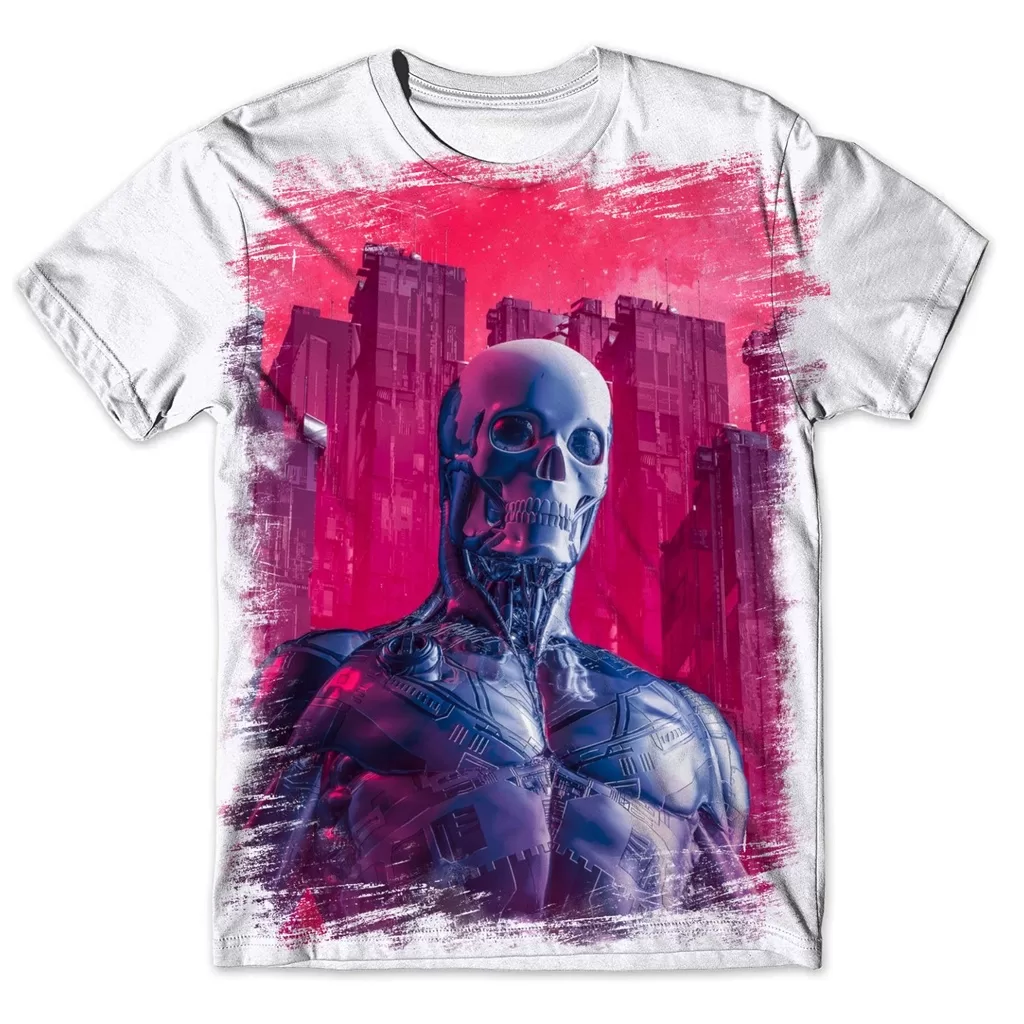 Camisa Camiseta Masculina cyberpunk futurista caveira robô Ref 06