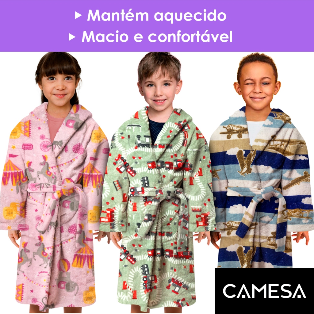 Roupão Infantil Macio Para o Frio e Inverno em Poliéster Camesa Inverno Menina Menino Hobby Térmico