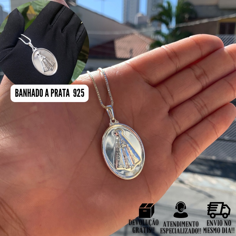 Pingente De Prata Religioso Masculino Nossa Senhora Banhado a Prata 925