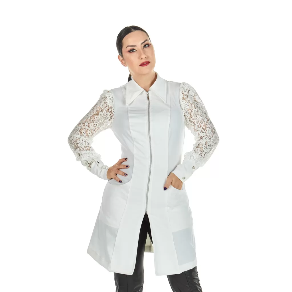 Jaleco Feminino Alfaiataria Acinturado Manga Longa Renda Branco Médica Esteticista Clínica Consultór