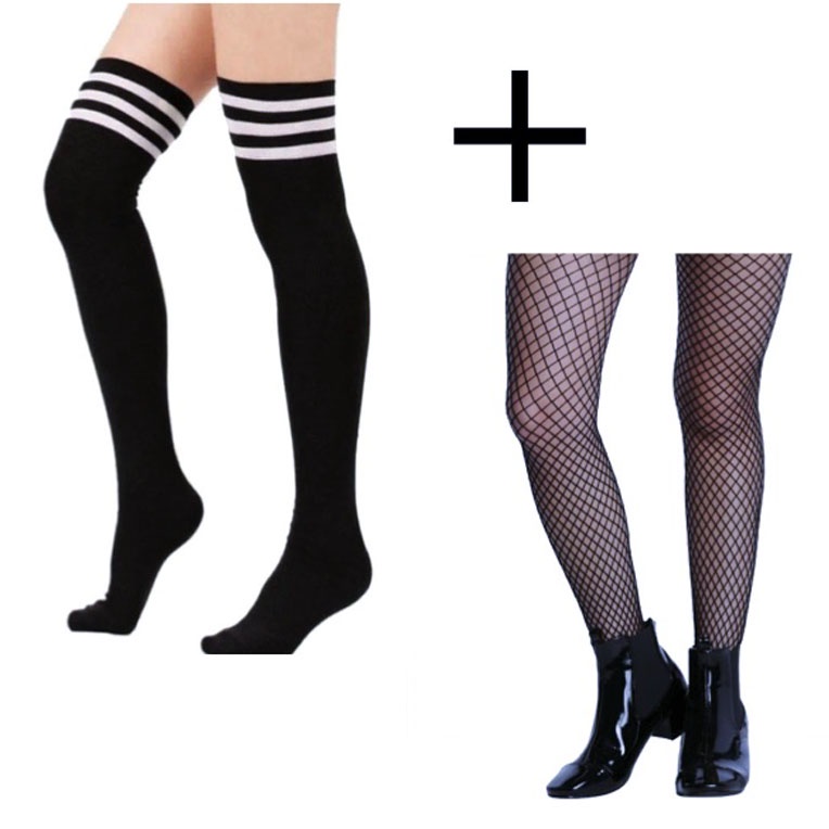 Meia Modelo 7/8 Cosplay Preto com Listras Brancas 