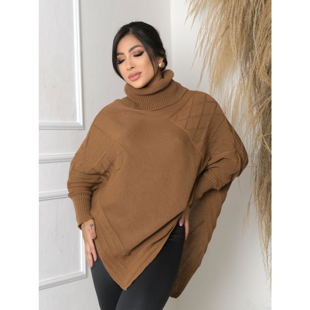 Poncho Tricot Gola Alta Blusa De Frio Feminina Casaco Outono Inverno