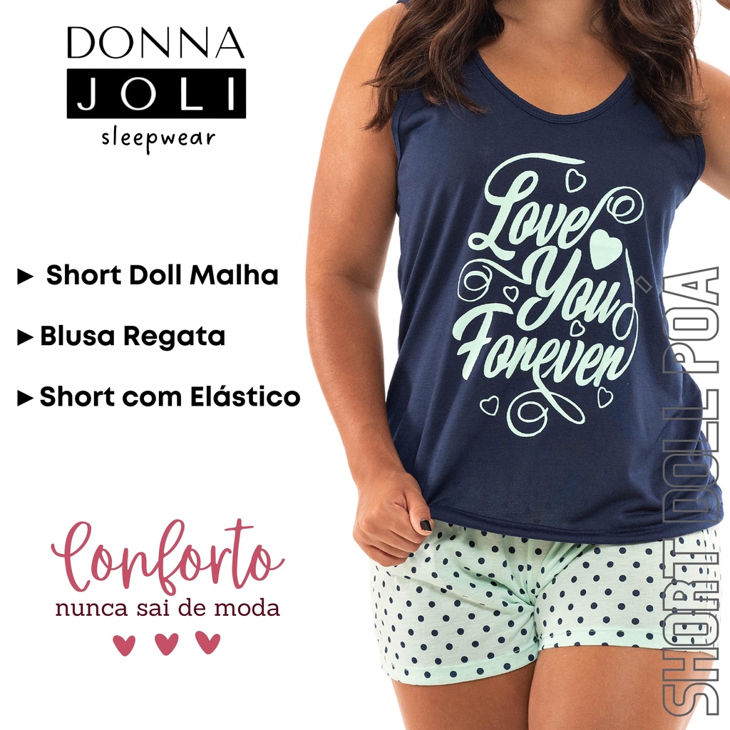 Baby Doll Poá Malha Blusa Regata Verão Short Doll Frases Conforto Donna Joli