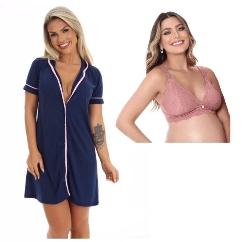 Kit Maternidade Blogueira Luxo Sutiã Rosa e Camisola Azul Malha Premium Promoçao