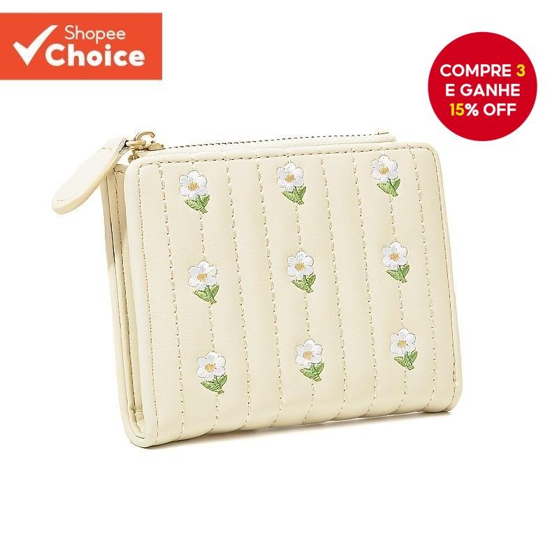 Bolsa De Moedas Bordada Pesada Feminina Artística Dobrável Carteira Curta Estudante Rosa