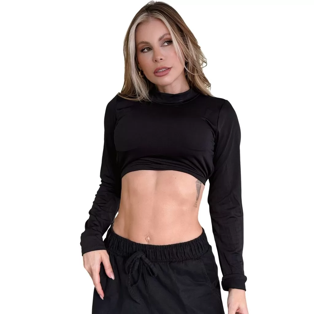 Cropped Costa Nua Manga Longa Gola Alta Com Bojo Feminino