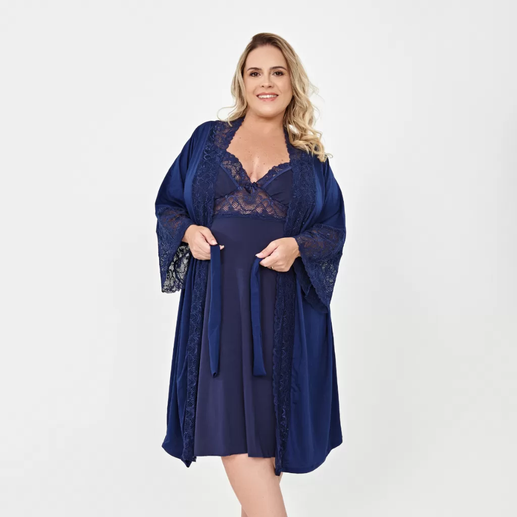 Kit Plus Size Camisola Amamentação Gestação e Robe luxo Renda