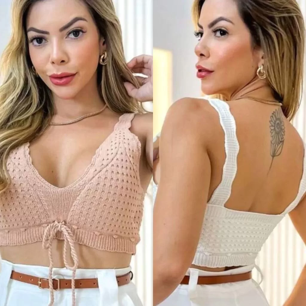Cropped Tricot Modal Top Feminino Decote V Com Amarração Confortável Verão Elegante Básica