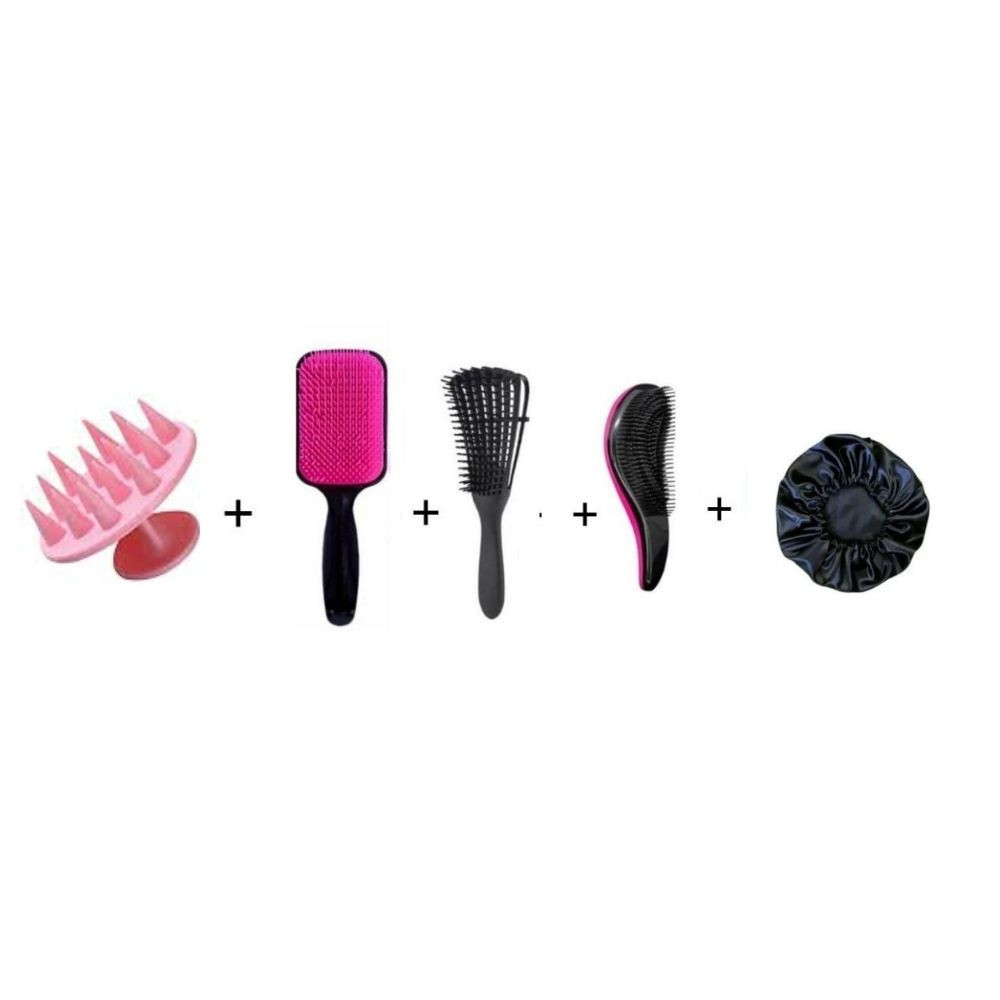 Kit Escova Massageadora+ Escova Raquete+ Escova Polvo+ Escova Magica+ Touca Cetim