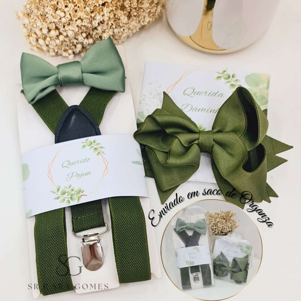 Kit Pajem ou Daminha Infantil com laço cabelo ou kit Suspensório e Tags enviados em saco de Organza