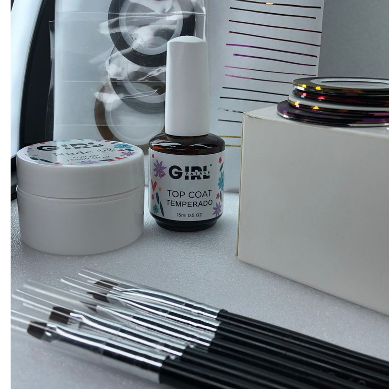 Kit Unhas Top Coat+gel+5 pinceis+12 Fitas Metaliza