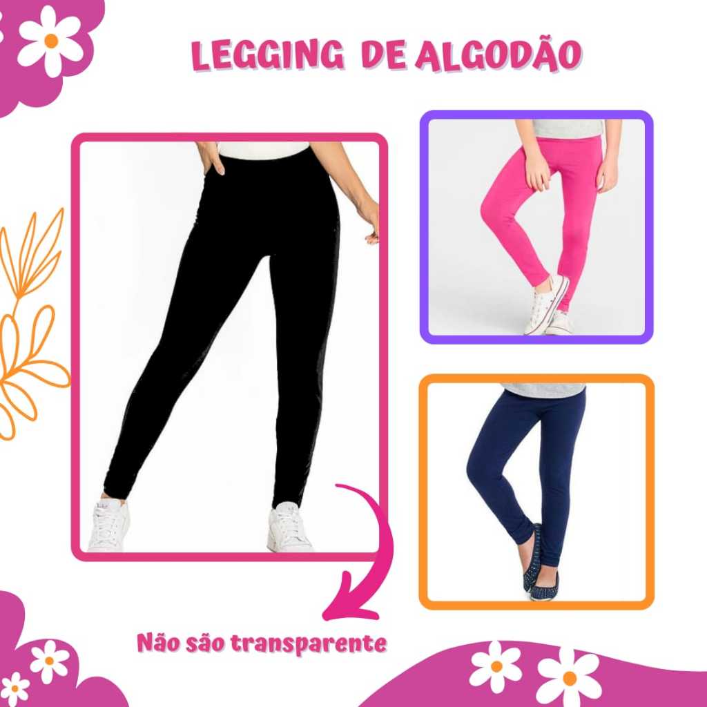 3 Legging Lisa Infantil  Preta Azul e Pink de Algodão  Verão Meia Estação Tamanho 1 ao 16