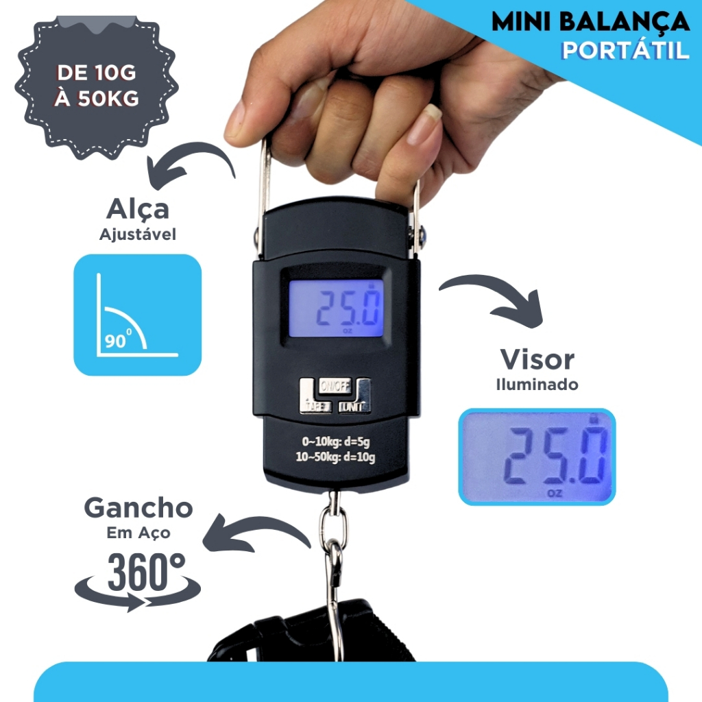 Balança De Mão Digital 50 KG com Pilhas –  Para Bagagem Bolsa e Pesca – Aero