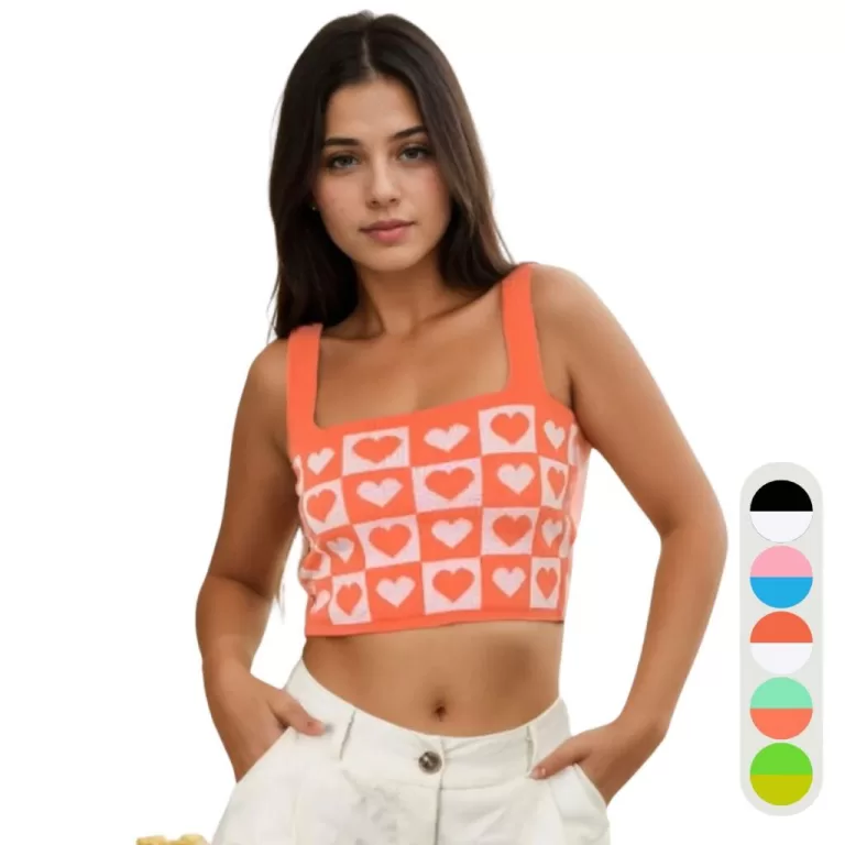 Cropped Feminino Tricot Alça Xadrez Coração Ver