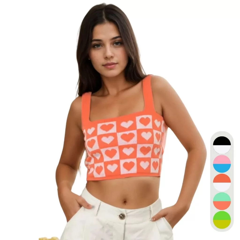 Cropped Feminino Tricot Alça Xadrez Coração Verão Elegante Confortável