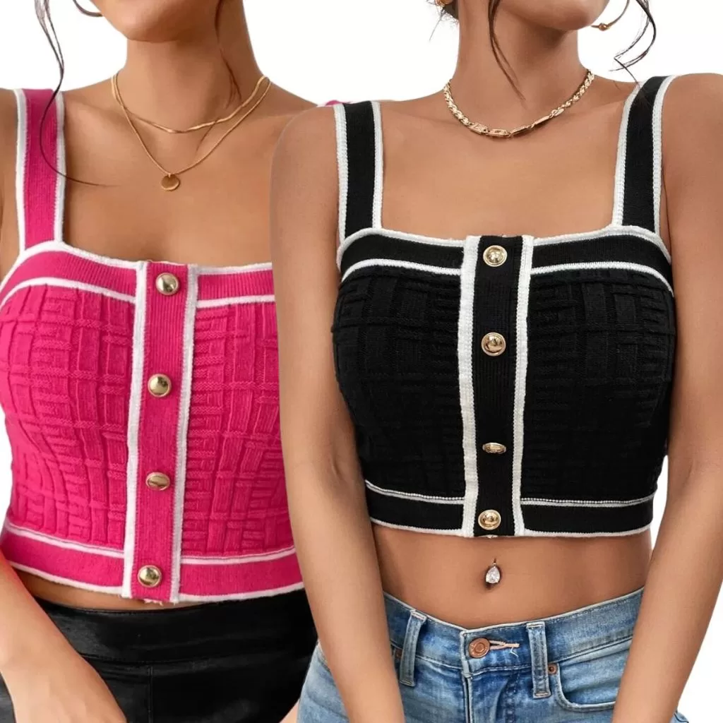 Cropped Feminino Tricot Modal Botões Alças Verão Sexy Elegante