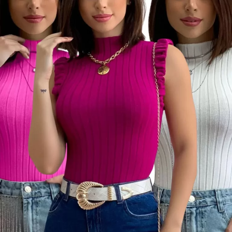 Blusa Feminina Tricot Canelado Babado Verão Confo