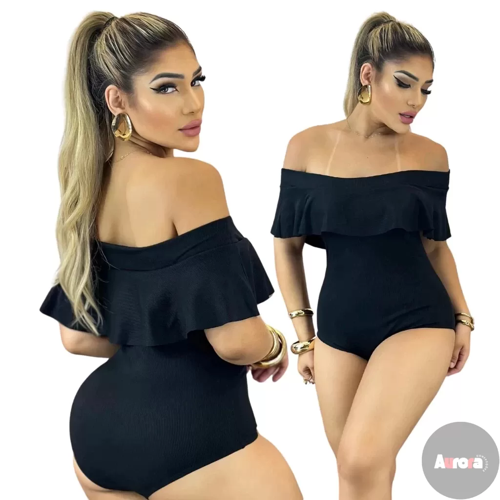Body Feminino Malha Bori Ribana Preto Ciganinha Ombro a ombro