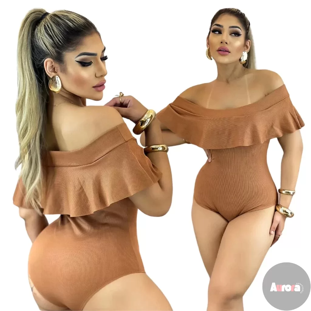 Body Feminino Malha Bori Ribana Caramelo Ciganinha Ombro a ombro