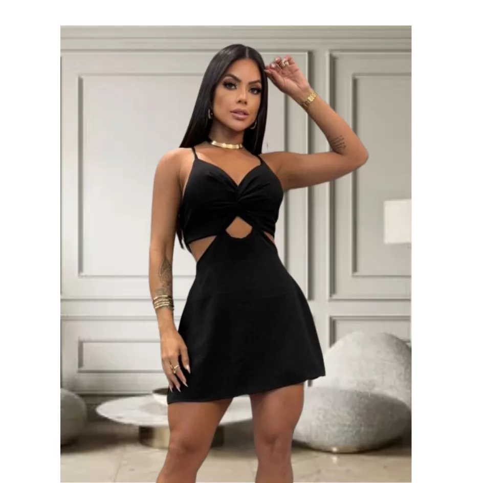 Vestido Curto Feminino com Short Interno Tecido Duna – Bojo + Recorte na Cintura Amarração nas Costa