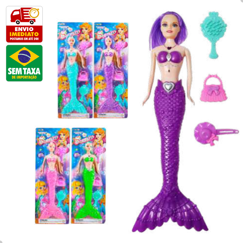 Boneca Sereia 42cm Plastico com Luz LED e Acessórios DuteToys DTY0992