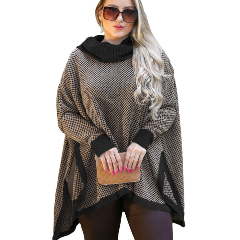 Poncho Feminino Tricô Manga Longa Xadrez  Fenda N