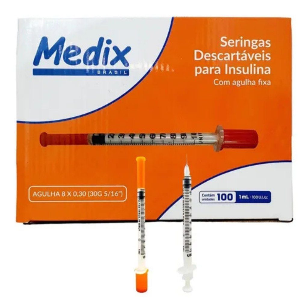 Seringa Insulina 1ml com Agulha Fixa 8×0,30 30G – 100 unidades