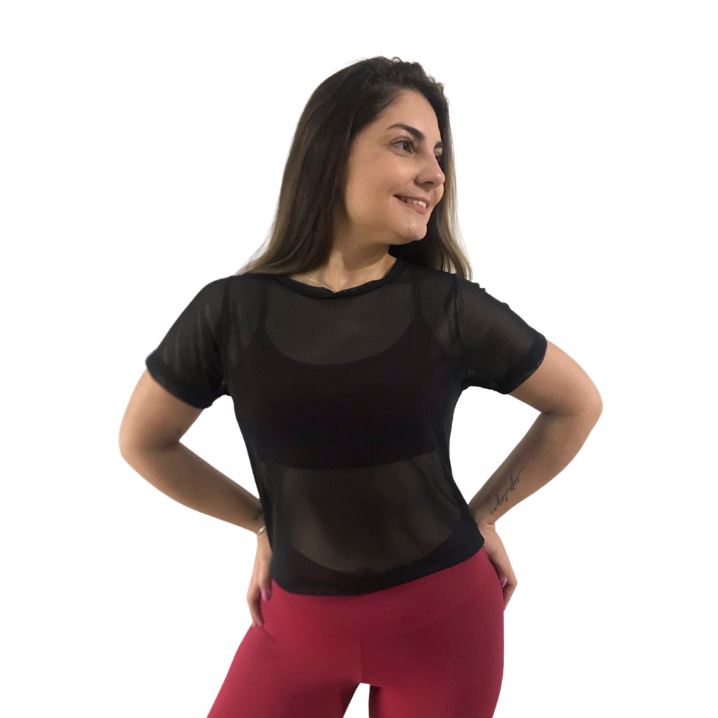 Cropped Feminina de Tule Transparente de Manga Roupa de academia Moda fitness