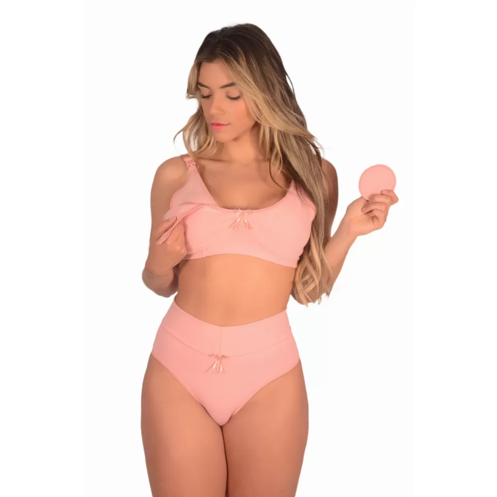 Kit Conjunto (Sutiã de Amamentação + Calcinha Cós Alto Pós Parto) – Soutien Algodão sem Bojo Feminin