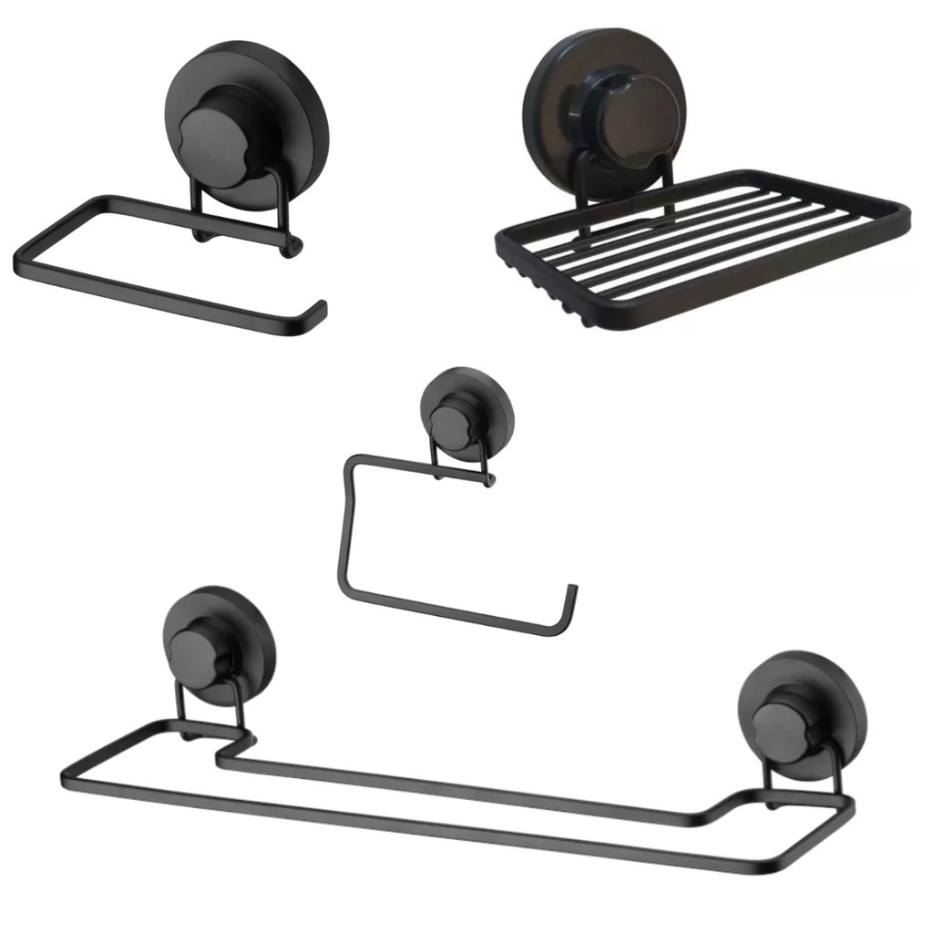 Kit de Suporte e Acessorios Para Banheiro Ventosa Preto 4Pçs