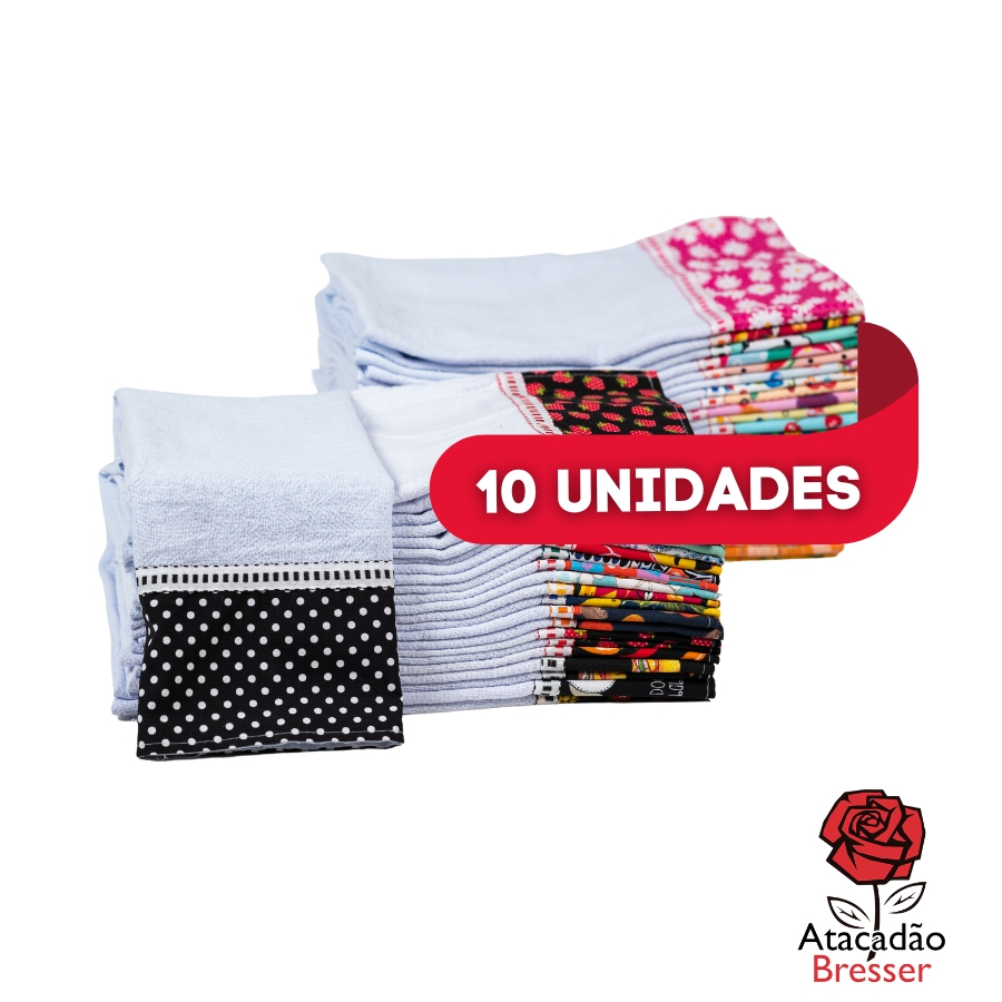 Kit com 10 Panos de Pratos Premium Brancos 41cm x 66 cm Barrados com Qualidade Variados