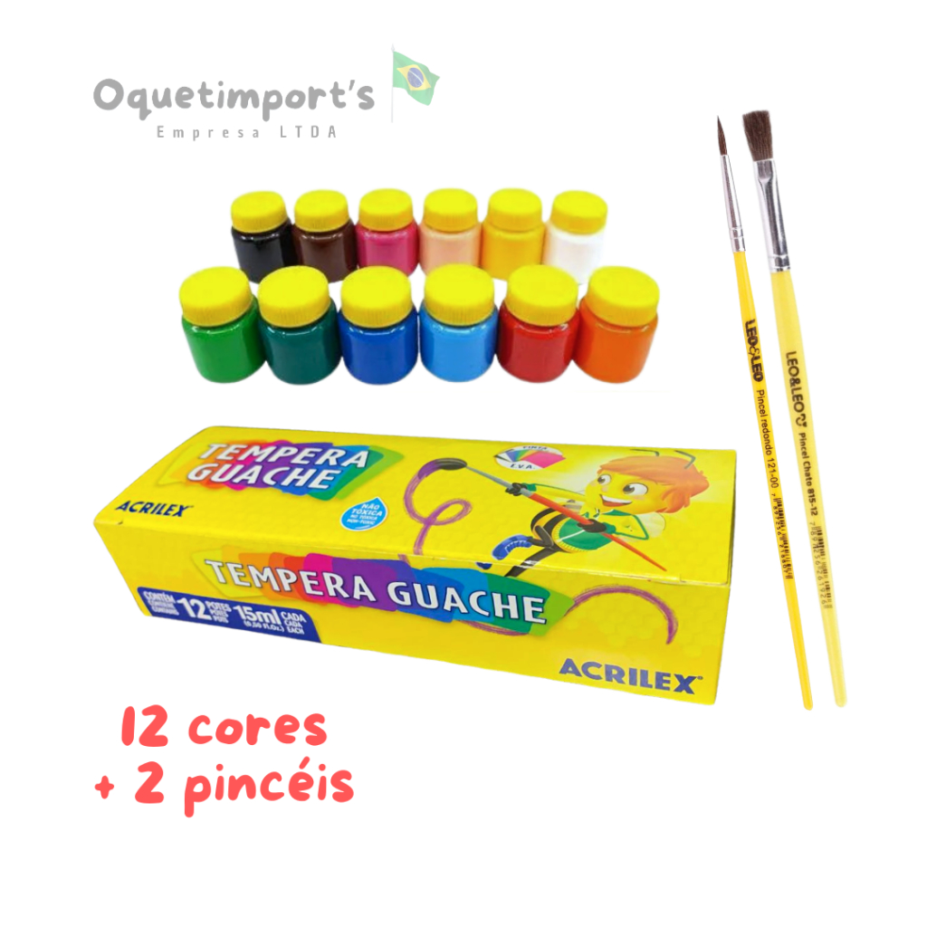 Tinta Tempera Guache 12 Cores Acrilex + 2 pincéis LeoLeo – Não tóxico